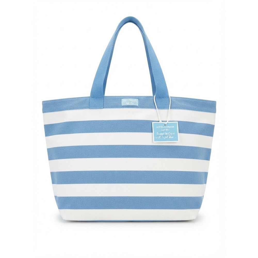 NWT Dolce Gabbana Light Blue Tote Bag Blue White Striped Canvas Beach Travel